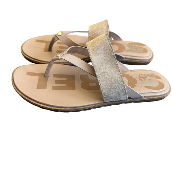 Sorel Ella II Slip-On Flip Flop Sandals Suede Leather Neutral Tan Size 8 Women's - Picture 7 of 11
